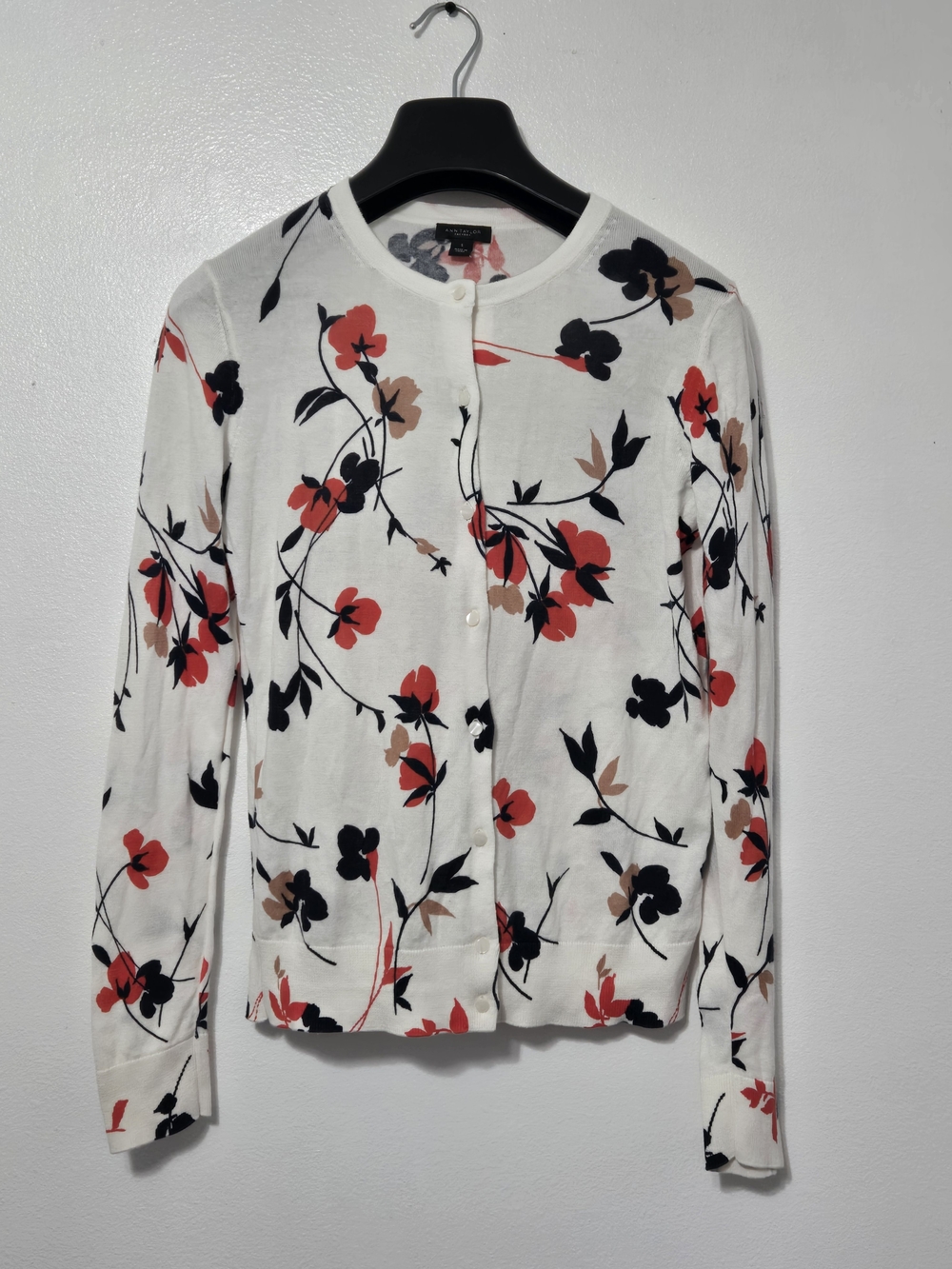Ann Taylor White Floral Crewneck Cardigan Button Front Sz Small